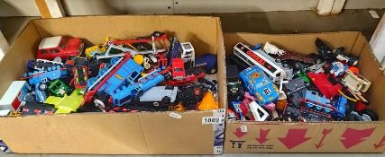 Two boxes of mixed Diecast, including Matchbox, majorette, Thomas the tank engine etc.