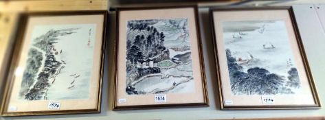 Three signed Chinese framed and glazed prints. 41cm x 32cm. COLLECT ONLY