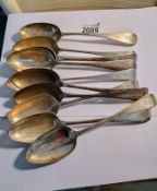 Ten Georgian Silver dessert spoons, London 1792 x4, 1797 x 2, 1787 x1, 1806 x2, 1821 x1. Weight