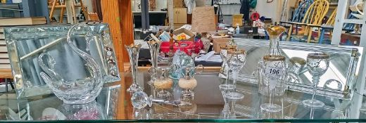 A lot of Sherry glasses, mirror trays and a carafe. A/F, COLLECT ONLY.