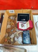 A quantity of coins, two old hammered silver coins and a quantity of rings etc.
