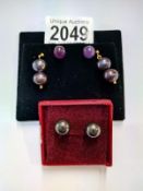 Cultured pearl pendant earrings in a grey/blue colour, cultured pearl studs and amethyst stud