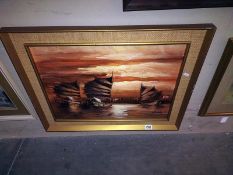 An oil on canvas of Chinese junks in sunset (74cm x 59cm) COLLECT ONLY.