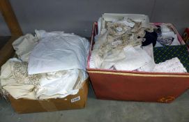 2 boxes of textiles including vintage household linens, silk handkerchiefs & embroidered lines etc.