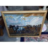 A framed and glazed cross-stitch of an agricultural scene. A pair of heavy horses ploughing a