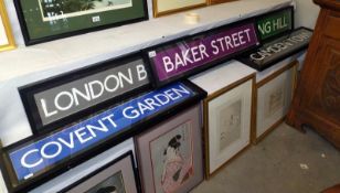 Five framed and glazed London tube station style signs. COLLECT ONLY.