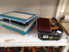 A vintage sewing box and contents including cotton reels and wool, and a tin and contents