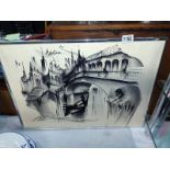 A 20th Century black ink on paper abstract of Venice by Anton Angeli Ivo signed and dated 1978 by