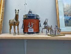 A quantity of brass horse ornaments, 2 silver plated horses and an equestrian ice bucket/ biscuit