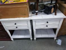 A pair of white finished pine side tables with drawer (58.5cm x 68cm x height 67cm), COLLECT ONLY