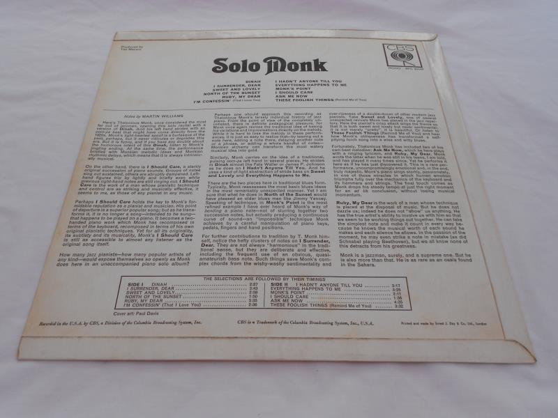 Thelonious Monk ? Solo Monk UK 1st press LP Mono BPG 62549 1A-1 and 2B-1 EX The vinyl is in - Image 6 of 13