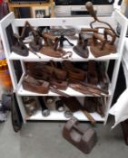 3 shelves of interesting vintage items including planes, irons, wood planes, torches etc