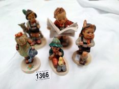 5 Goebel children figures (school boy has repair to feather in hat)