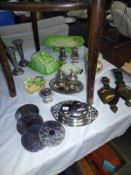 A Carlton ware and Beswick leaf dishes, silver plate including cruet set and coasters etc and