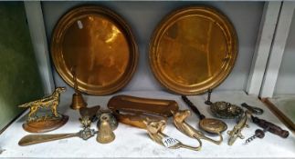 A selection of brassware including trays, crocodile nut cracker, cork screw etc.