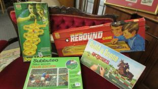 A boxed Ideal Rebound, Double Cross game and Subbuteo table soccer club edition, all unchecked.