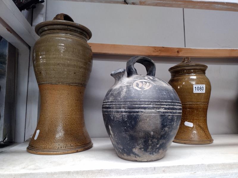 5 pieces of Studio pottery including lidded storage jars & vase etc. COLLECT ONLY. Tall vase in - Image 2 of 3