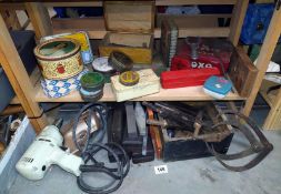 2 vintage drills including Wolf/Stanley chisels and vintage tins with contents etc