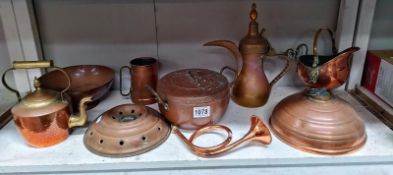 A selection of copper to include a kettle, foot warmer etc.