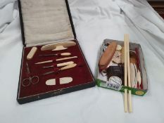 Vintage manicure items, including weights, liquid measure, chop sticks etc