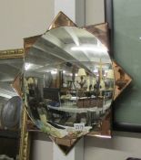 An art deco sunburst mirror with amber glass triangles and round convex mirror. Mirror 41 cm