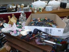 A box of vintage Deetail galloping horses, the shoemaker's dream, Victoria and a selection of pipes