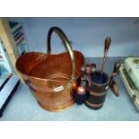 A hammered copper & brass handled coal scuttle & companion set COLLECT ONLY