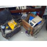 2 vintage wooden boxes of car items.