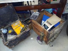 2 vintage wooden boxes of car items.