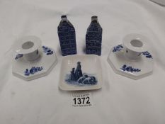 A pair of Royal Copenhagen candlesticks no xy 10/3334, and a small pin dish, plus pair of delft