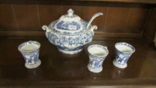 A Booth's blue and white soup tureen and three Adam's blue and white mugs. COLLECT ONLY.