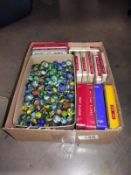 12 vintage top trump playing card sets and large tub of marbles.