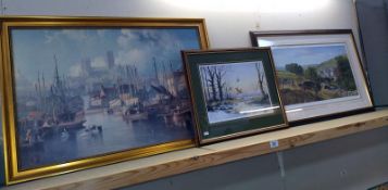 2 framed and glazed prints and a scene of Brayford, Lincoln