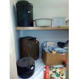 A quantity of tin items including petrol can & an old safe without key COLLECT ONLY