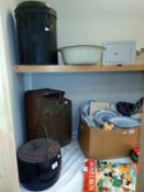 A quantity of tin items including petrol can & an old safe without key COLLECT ONLY