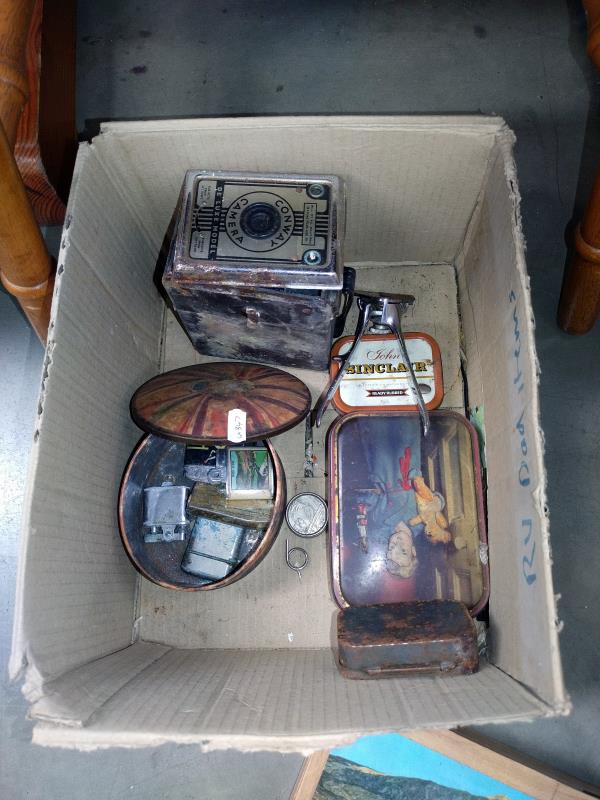 A tin of lighters, other tins, a camera and a box collection of lava samples - Image 2 of 2