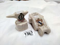 A willow crested china Cleethorpes WW1 tank and Arcadian Royal Army medical Corp anvil
