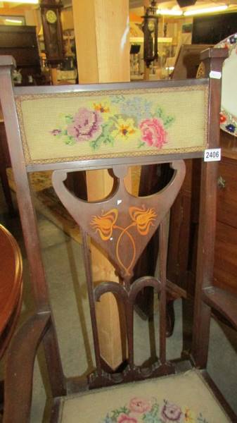 An early 20th-century carver chair with art nouveau inlay and tapestry seat. COLLECT ONLY. - Image 2 of 2