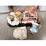 A box of miscellaneous, including Maling jug and terracotta figure etc