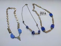 Three art deco necklaces with blue stones (untested for silver).