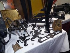 A quantity of metal ware including a dog bottle holder.