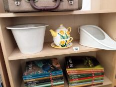 A genuine boots slipper, a plant pot and a cup and teapot set.