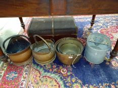 3 Victorian brass jam pans and 2 coal scuttles and a galvanised mop bucket