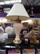 A white pottery and brass urn style table lamp, height 70cm COLLECT ONLY