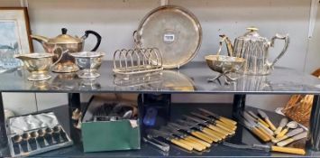 A silver plated tea set, toast rack and tray etc