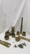 A mixed lot of brass trench art, a telescope, badges etc.,