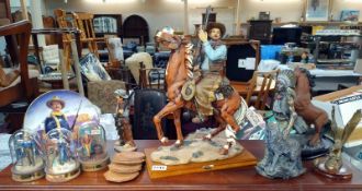 3 limited edition John Wayne models under domes plus large cowboy figure on horse etc COLLECT ONLY