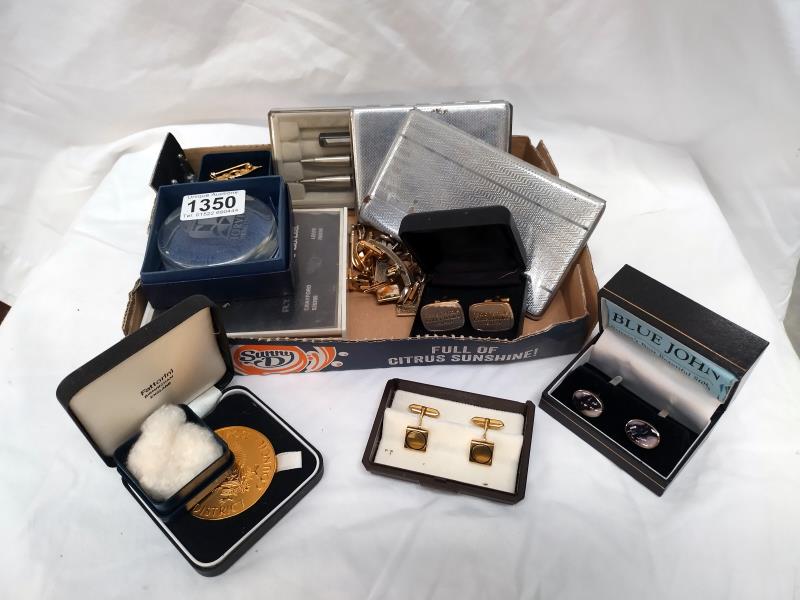 A quantity of cufflinks and tiepins, Parker pen set etc