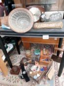 2 shelves of 60's homeware items including jelly mould and Blue Peter badges