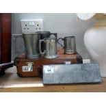 A quantity of tankards & small vintage suitcase etc.